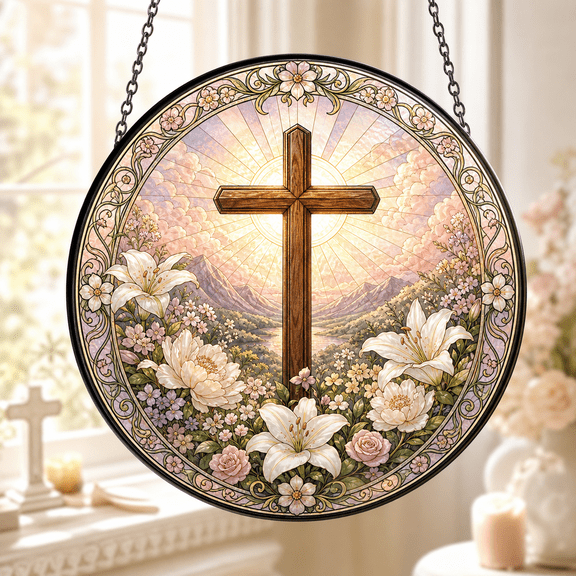 Grace Flower Cross Stained Glass Suncatcher for Window Hanging, Christian Gift