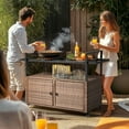 thumbnail image 3 of Zimtown Outdoor Patio Ratten Bar Counter Table w/4 Wheel, Water-proof Wicker Bar Table with Handrail & Tempered Glass Top, Storage Cabinet Cart, Brown, 3 of 13