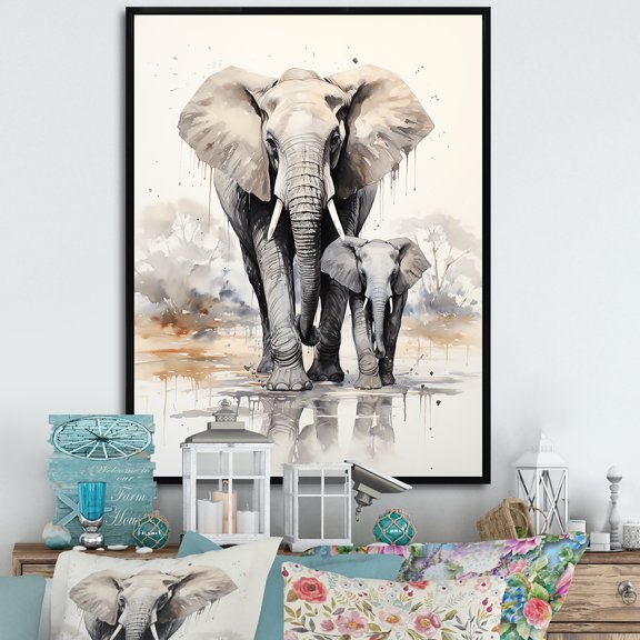 Designart "Elegant Elephant Mother And Calf In Motion" Animals Elephant Floater Framed Wall Art Prints