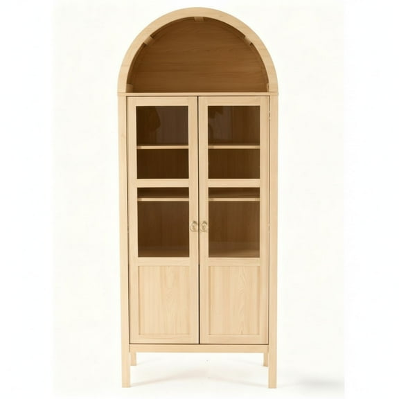EDX 71" Wood Tall Storage Display Cabinet with Rounded Arched Top in Oak, 2 Doors