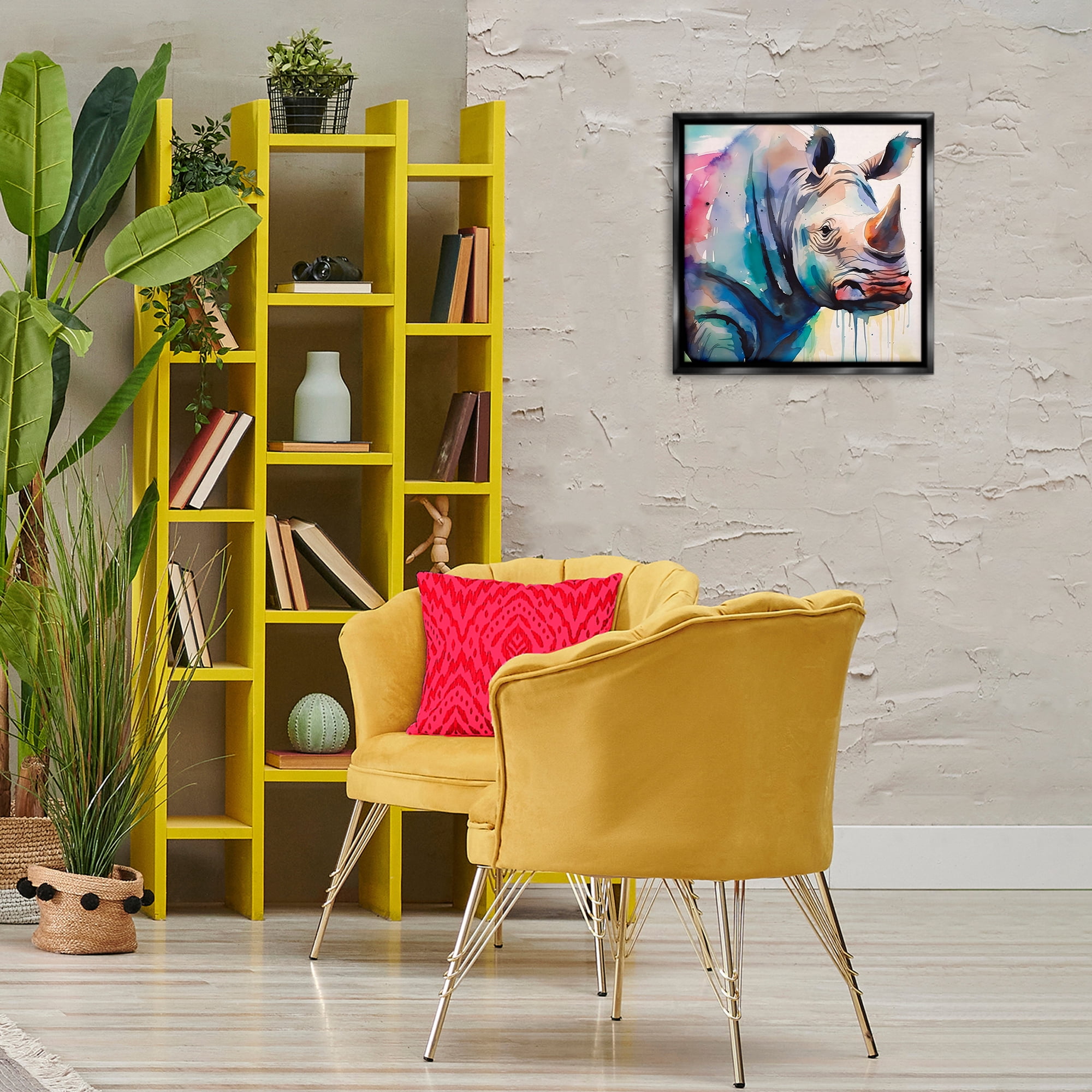 Stupell Industries Paint Drip Rhinoceros Animals & Insects Painting Black Floater Framed Canvas Art Print Wall Art, 18 x 18