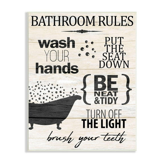 Stupell Industries Rustic Bathroom Rules Sign Wash Hands Typography Wood Wall Art, 13 x 19, Design by Kim Allen