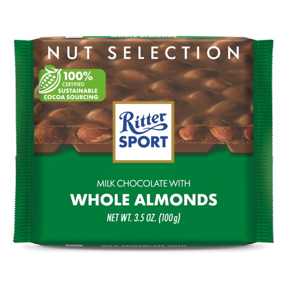 Ritter Sport Milk Chocolate Candy Bar with Crunchy Whole Almonds – Authentic German Chocolate, Wrapped, 3.5 oz