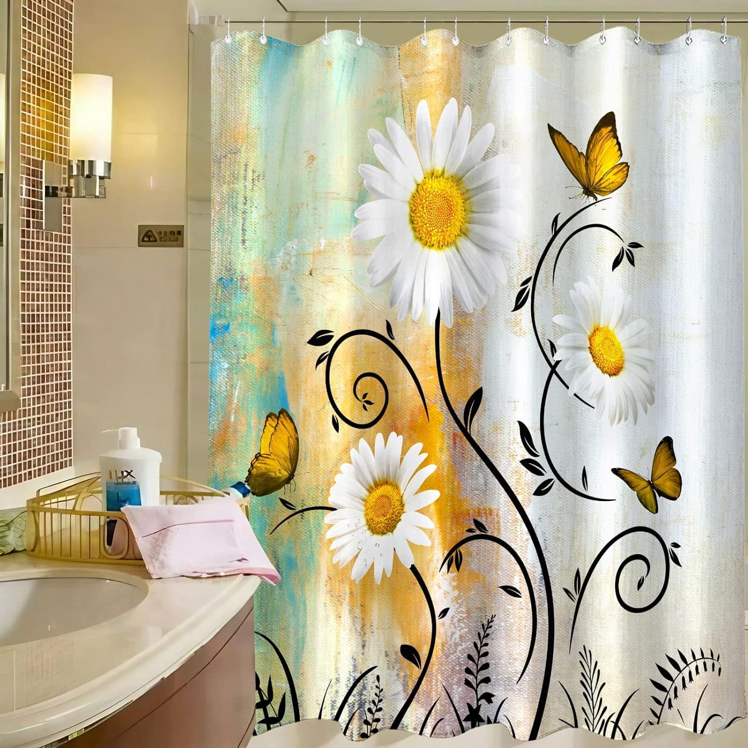 Rustic Farmhouse Shower Curtain White Daisy Floral Orange Waterproof Fabric Shower Curtains for Bathroom Flower Yellow Butterfly Bath Curtain Decor with Hooks (Yellow, 72'''' x 72'''')