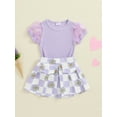 thumbnail image 2 of Suealasg Toddler Baby Girl Clothes Set Mesh Short Sleeve Round Neck Ribbed Tops + Floral Checkerboard Print Skirt Set 1T 2T 3T 4T 5T 6T Little Girls Summer 2Pcs Outfits, 2 of 7