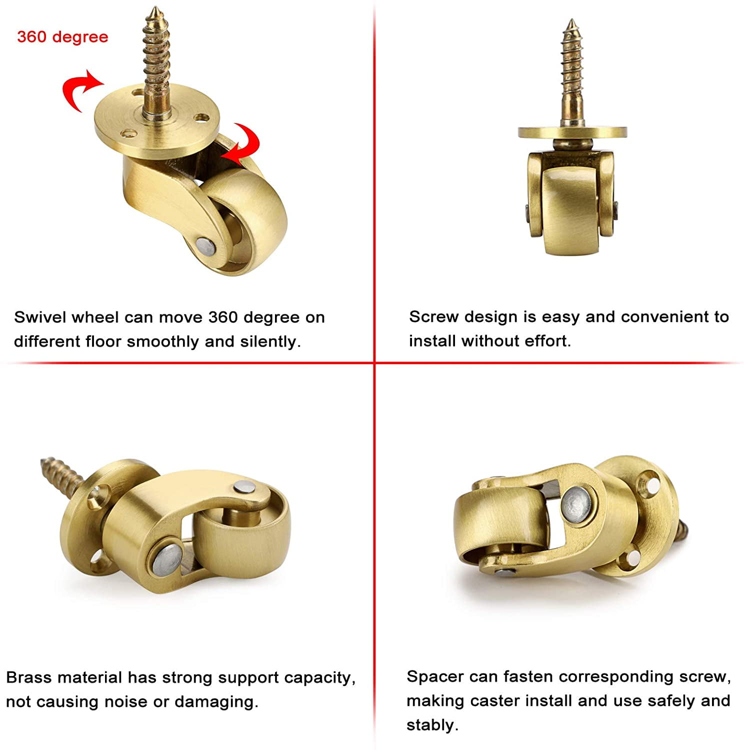 4Pcs Heavy Duty 360 Degree Rotation Brass Universal Caster Stem Wheel Hardware for Piano Sofa Trunk Box Cabinet Trolley Chairs Bed Furniture Fittings 