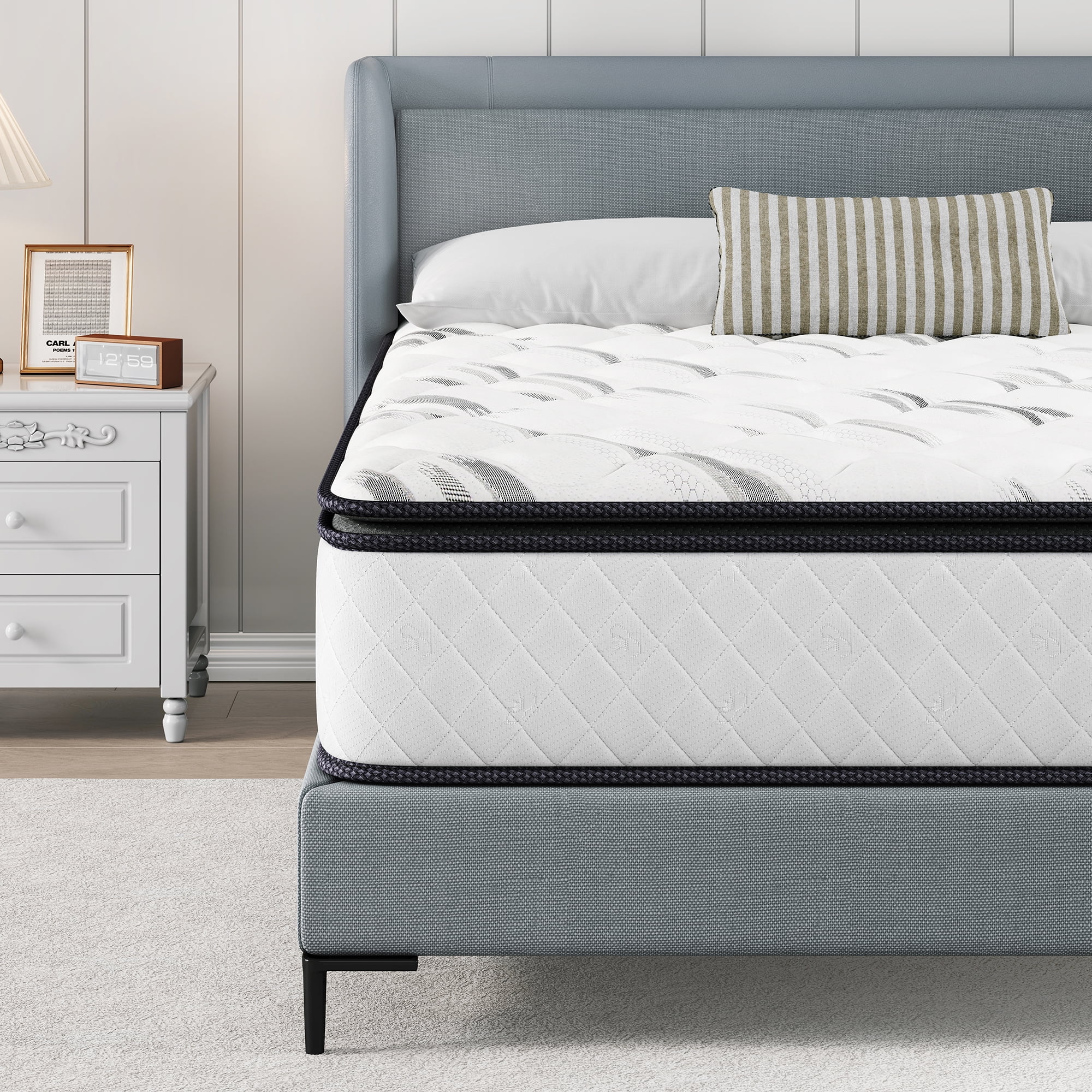 Sailvan Full Size Mattress 14 inch, Queen Mattress in a Box, Hybrid Mattress Full, Full Bed Mattress With Memory Foam & Pocket Spring, Medium Firmness, CertiPUR-US, White& Black