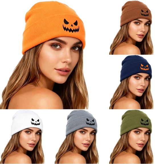 CUZIBR Women Knitted Beanie Hat Halloween Pumpkin Face Pattern Soft Stretchy Thermal Fall Winter Hat Holiday Party Cosplay Headwear For Adults