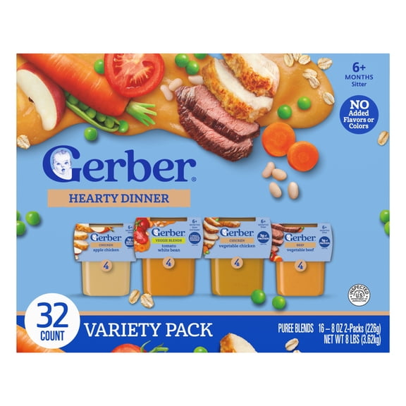 Gerber Stage 2 Baby Food, Meat & Vegetable Puree Meals, Variety Pack, 4 oz Tub (32 Pack)