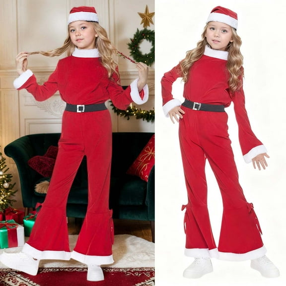 Kids Girls Santa Outfit Long Sleeve Top and Pants with Matching Hat Set Christmas Outfit for Kids Holiday Outfit 9-10 Years