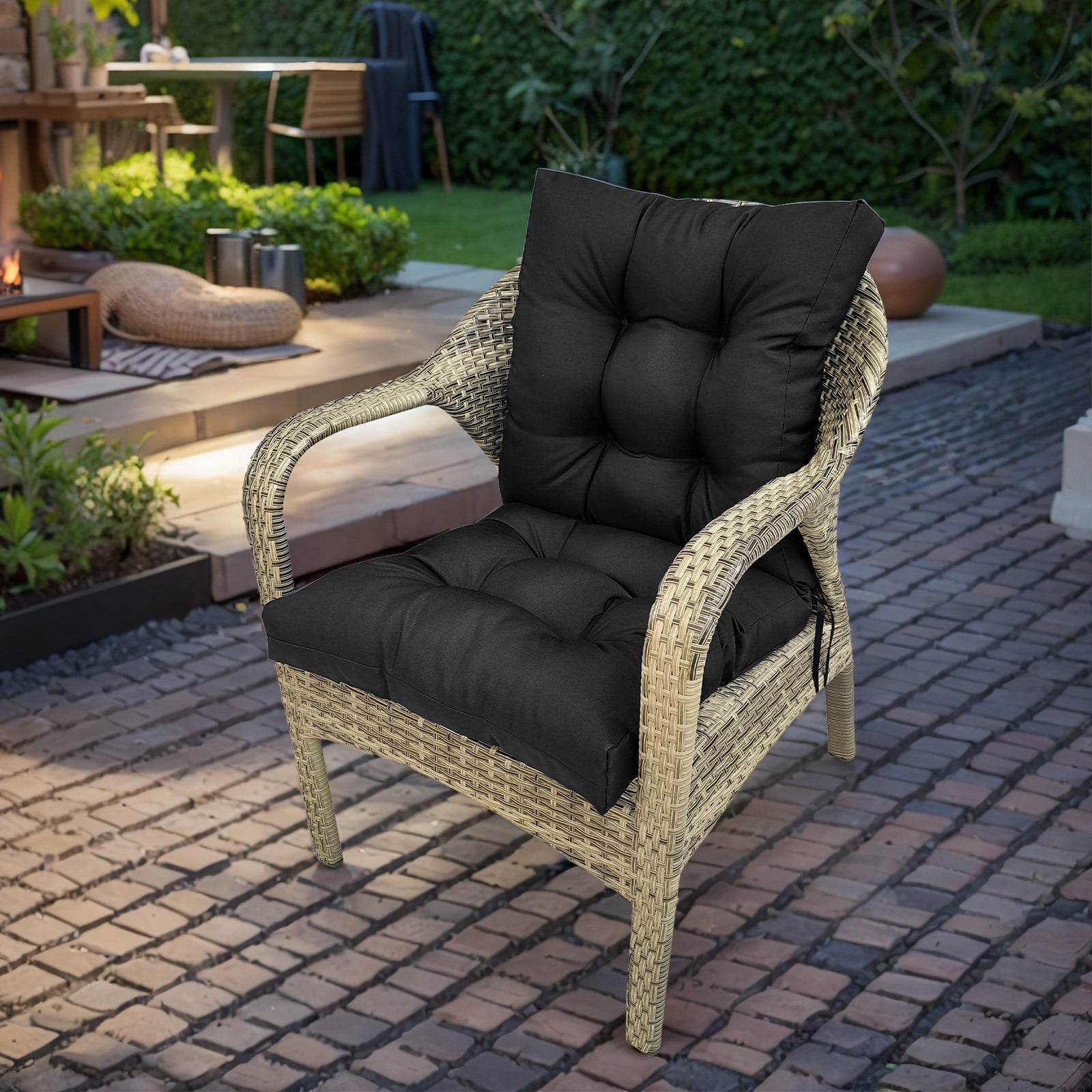 SHANNA Outdoor Chair Cushions, 4 Pack Tufted Thicken Waterproof Patio Chair Pad Wicker Chair Seat Cushion with Non-Slip Ties for Outdoor Furniture, Black