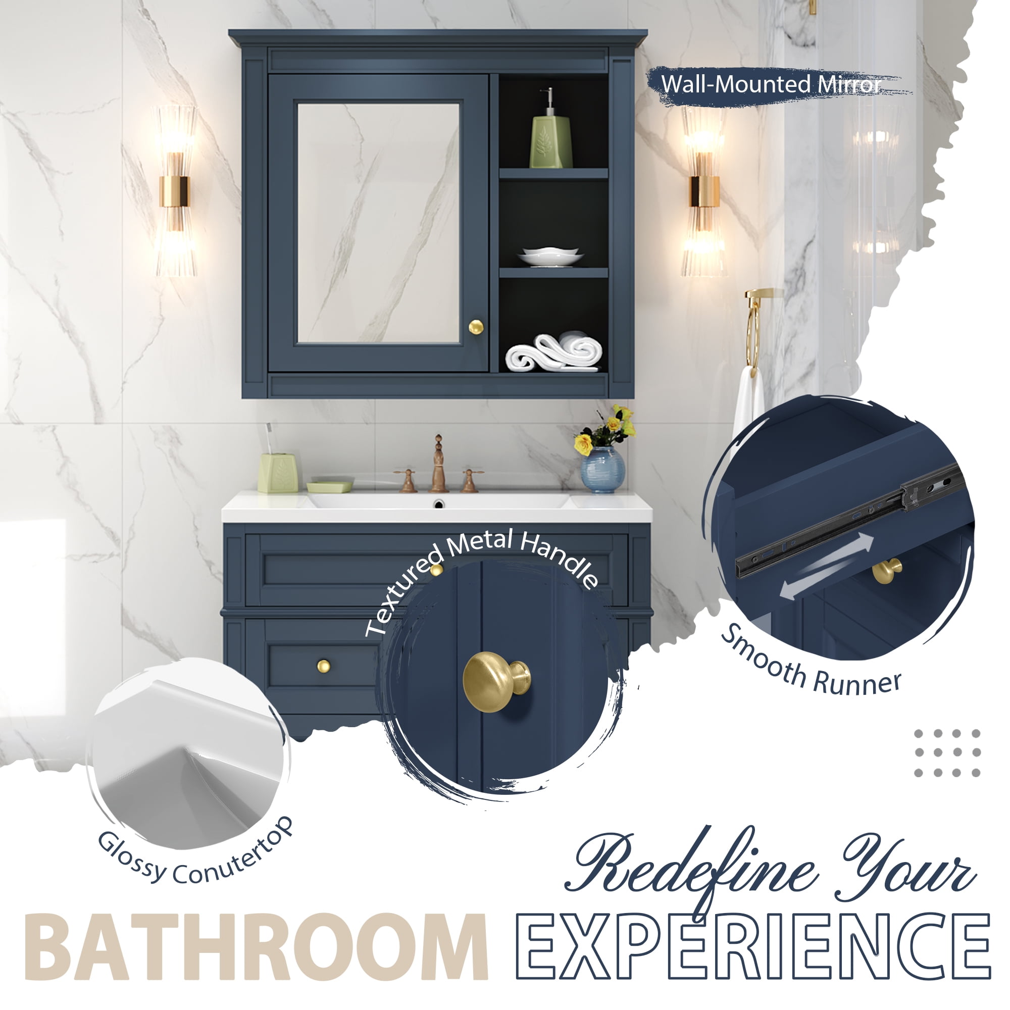 30'' Bathroom Vanity with Top Sink, Modern Bathroom Storage Cabinet with 2 Drawers and a Tip-out Drawer,  Freestanding Vanity Set with Mirror Cabinet, Single Sink Bathroom Vanity
