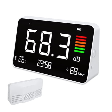 5-in-1 Decibel Meter,Digital Sound Level Meter 30-130db with LCD Display,6.3 inch Noise Time Temperature Humidity Meter for Classroom, Studio, Home, Factory,Office