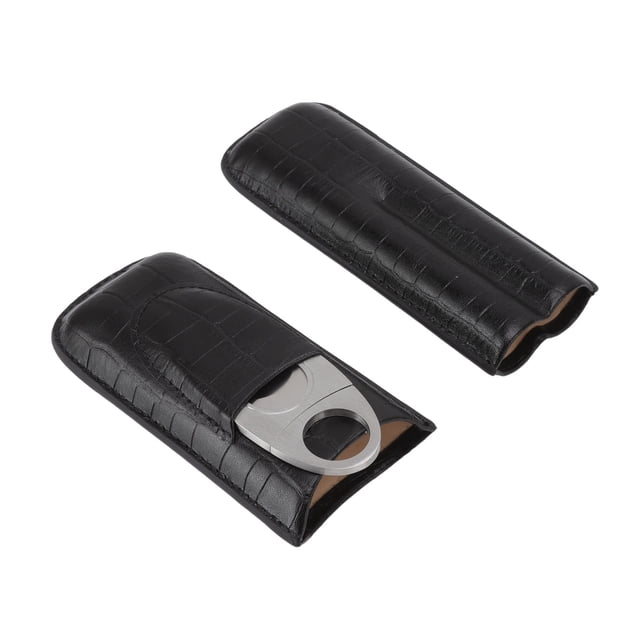 Estuche para cigarros de cuero portátil con cortador de cigarros Soporte para cigarros de viaje con 2 dedos negro para regalos de novio