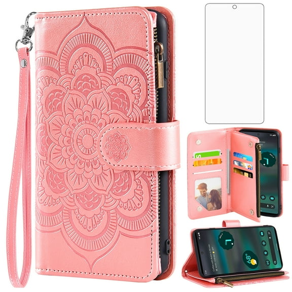Asuwish Compatible with Google Pixel 6A 5G 2022 Wallet Phone Case and Tempered Glass Screen Protector Flower Faux Leather Flip Credit Card Holder Stand Zipper Cell Cover for Pixel6A A6 Women Pink