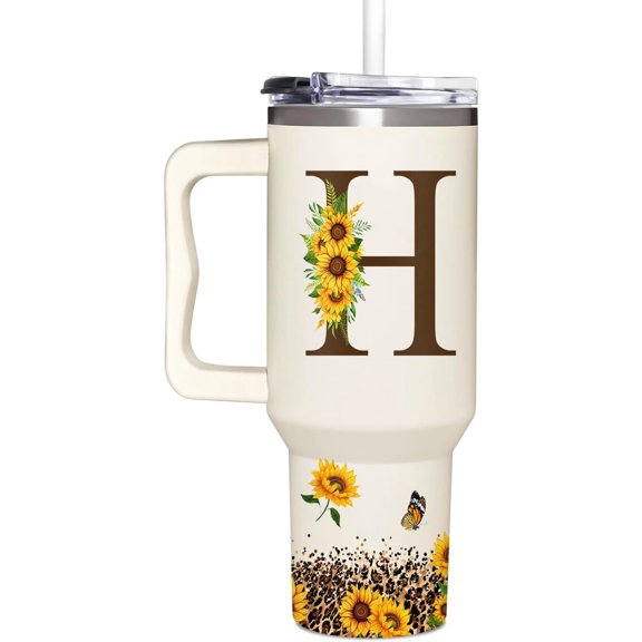 Personalized Sunflower Monogram Cup for Women, Mom, Wife, Boss Lady, Coworkers-Custom 40oz Tumbler with Handle- Unique Birthday, Christmas, Boss Day Gift for Her