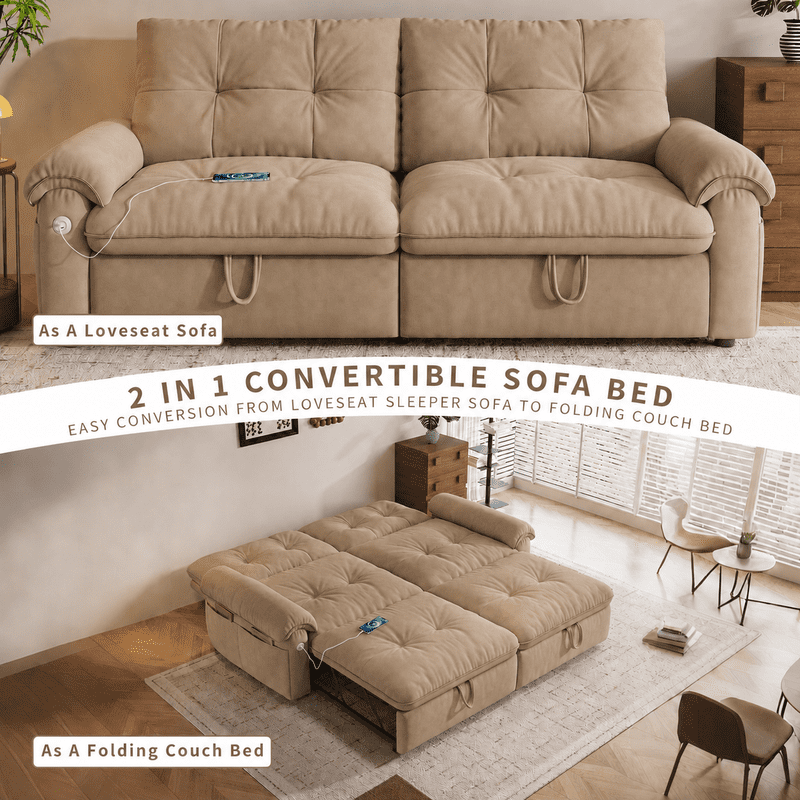 77.2" Convertible Sofa Bed, 2-in-1 Full Size Sleeper Sofa, Plush Upholstered Loveseat with USB Charging Ports & Side Pockets, Steel Frame Pull-Out Couch for Living Room, Bedroom, Apartment