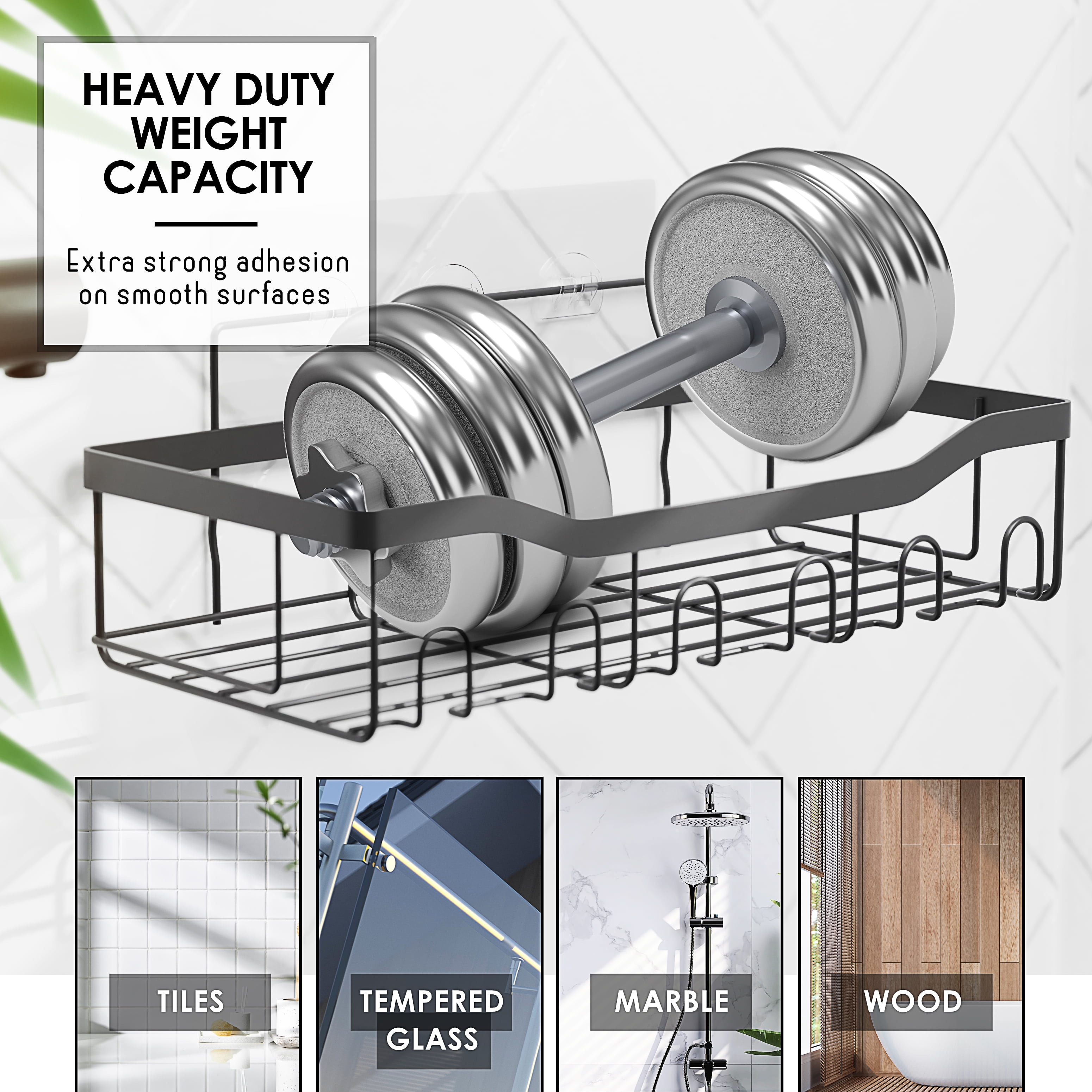 Virtu 5 Pack Adhesive Steel  Shower Caddy Organizer, Heavy Duty Stainless Steel Rustproof Shower Caddy, Gray