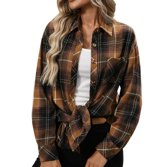 APEXFWDT Women's Plaid Shirt Jacket Button Down Lightweight Long Sleeve Shirt Collared Loose Casual Overshirt with Pockets,L,Yellow