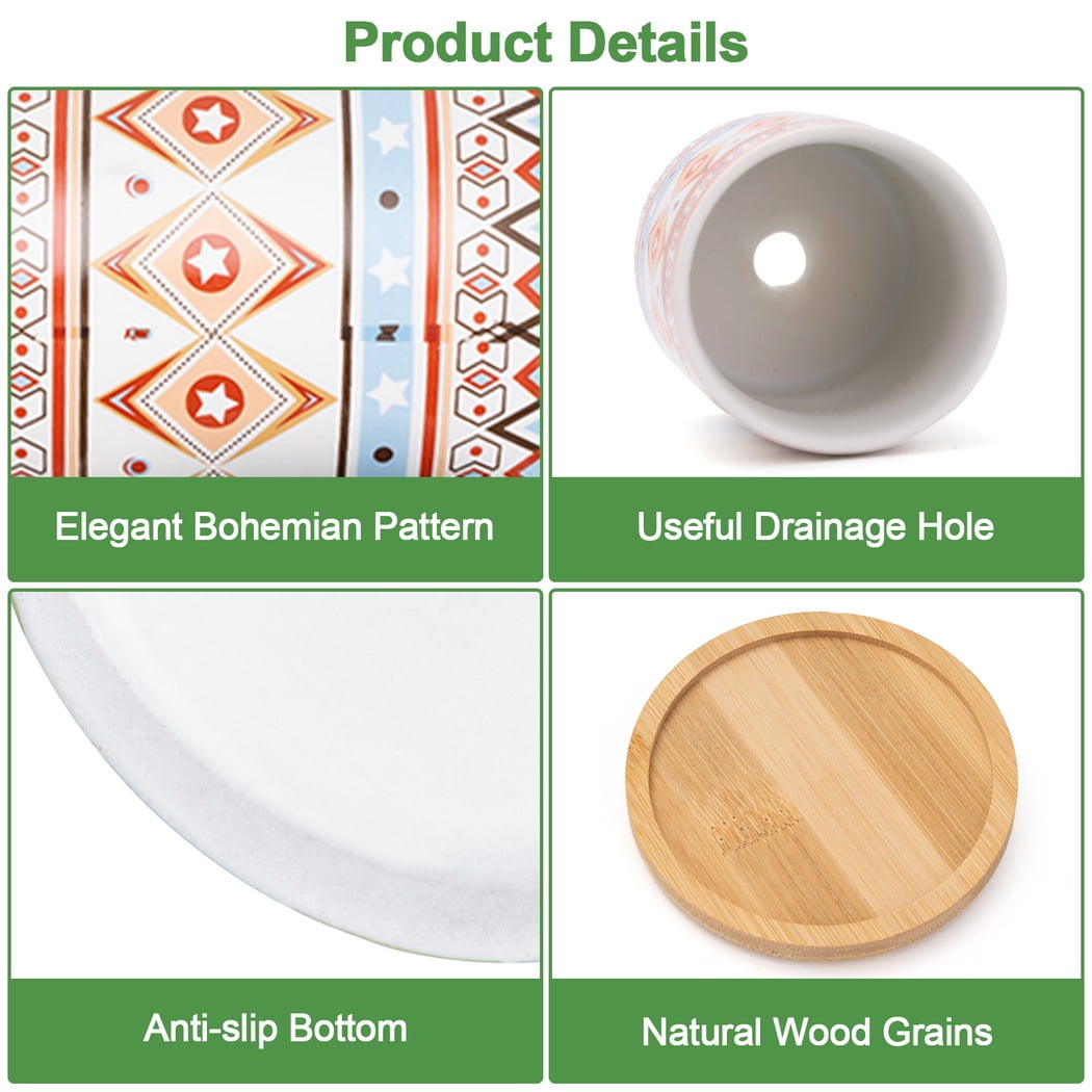 4 Pack Succulent Pots with Saucers, 3" x 3" Round Bohemian Ceramic Succulent Pot, Small Planter with Drainage Hole, Ceramic Cactus Pots, Succulent Plant Pot and Bamboo Tray Set