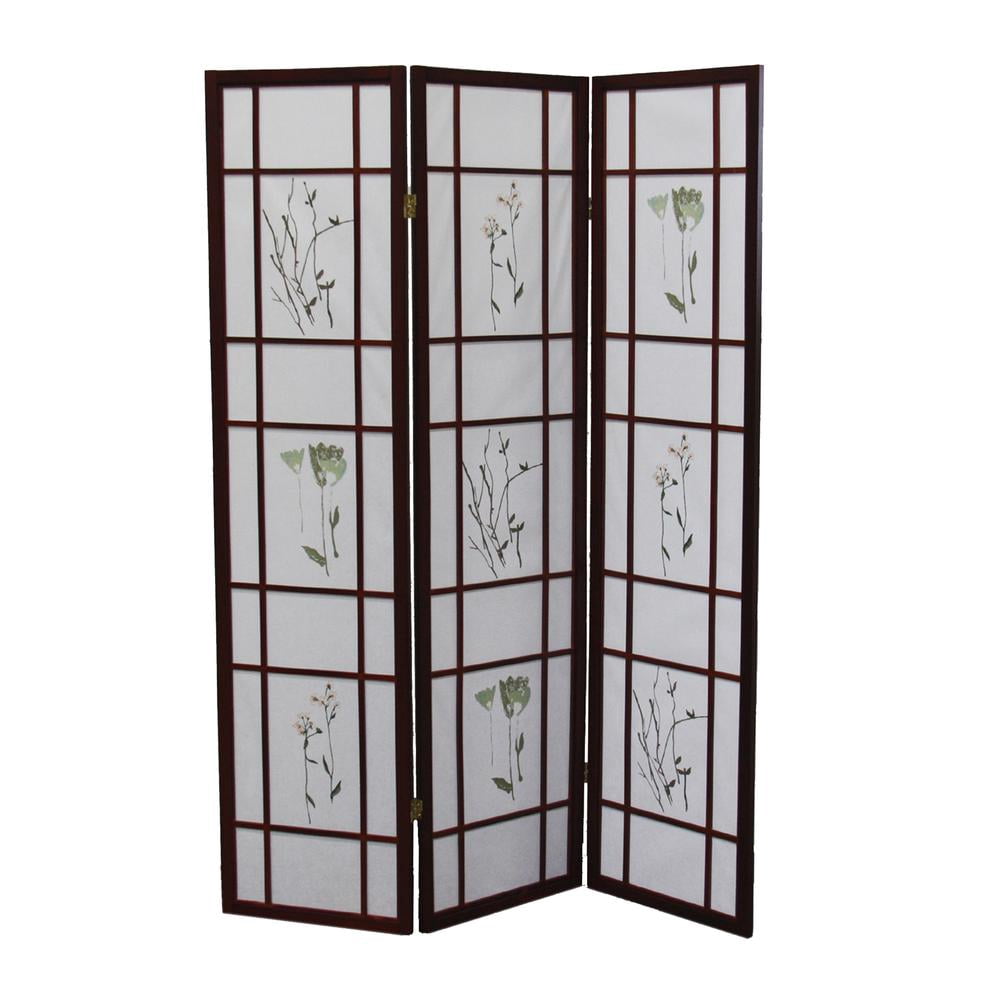 3 Panel Floral Shoji Screen, Rosewood Frame Room Divider
