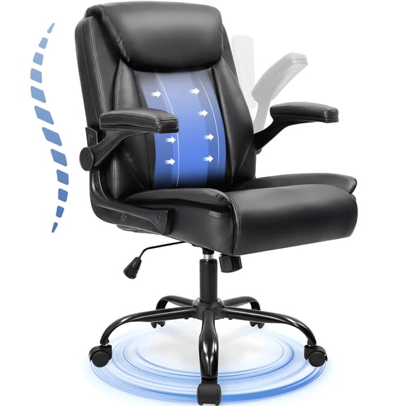 CELTOSS Leather Office Chair, Ergonomic Executive Chair with Padded Flip-Up Armrests, Mid-Back PU Computer Desk Chair, Jet Black