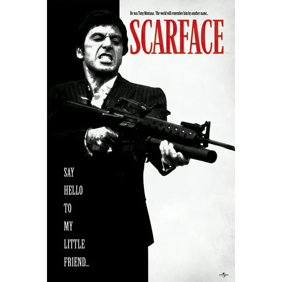 Scarface - Movie Poster (Tony Montana - Say Hello To My Little Friend - Machine Gun) (Size: 27" x 39") (Clear Poster Hanger)