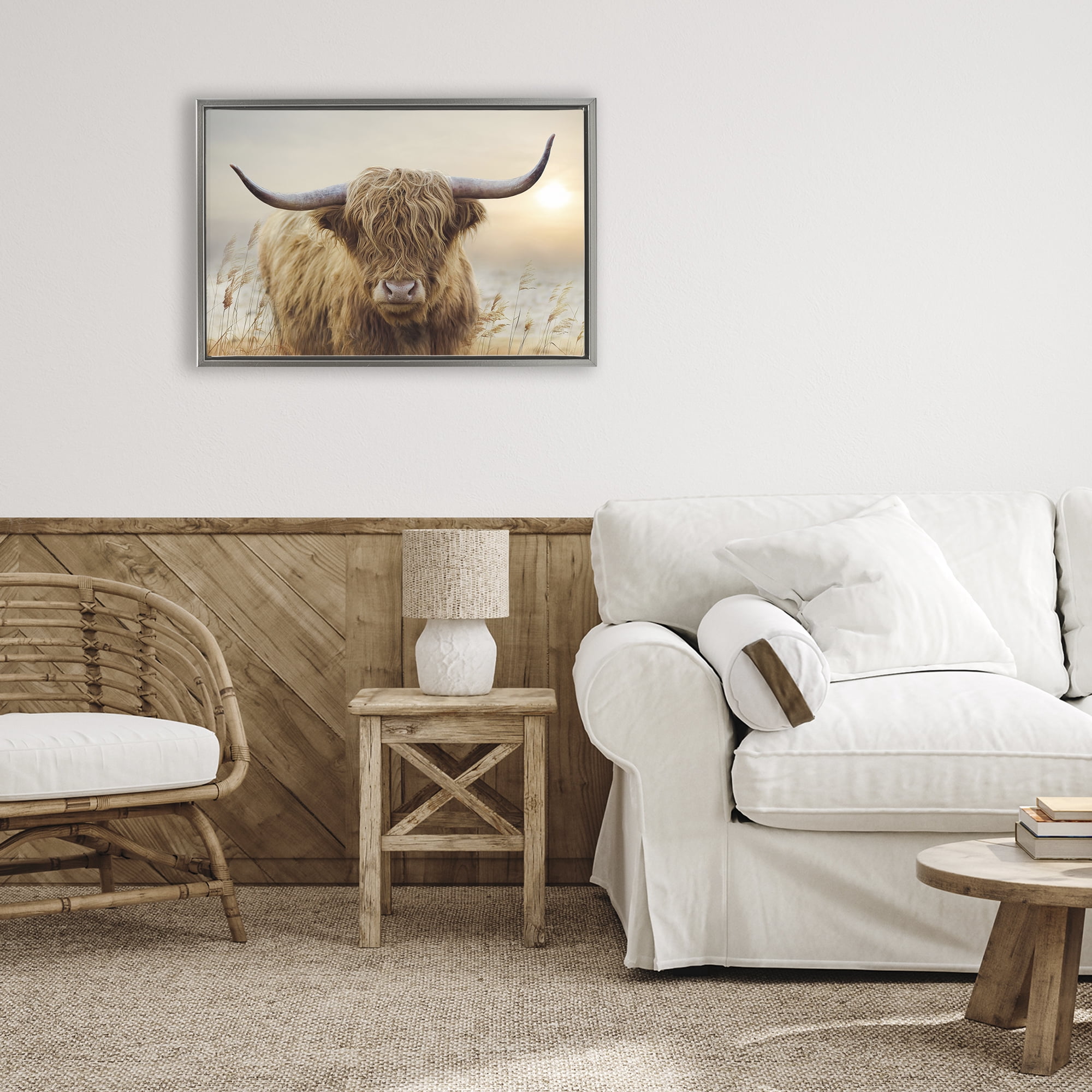 Stupell Industries Highland Cow & Warm Sunset Gray Framed Floater Canvas Wall Art, design by CAD Designs