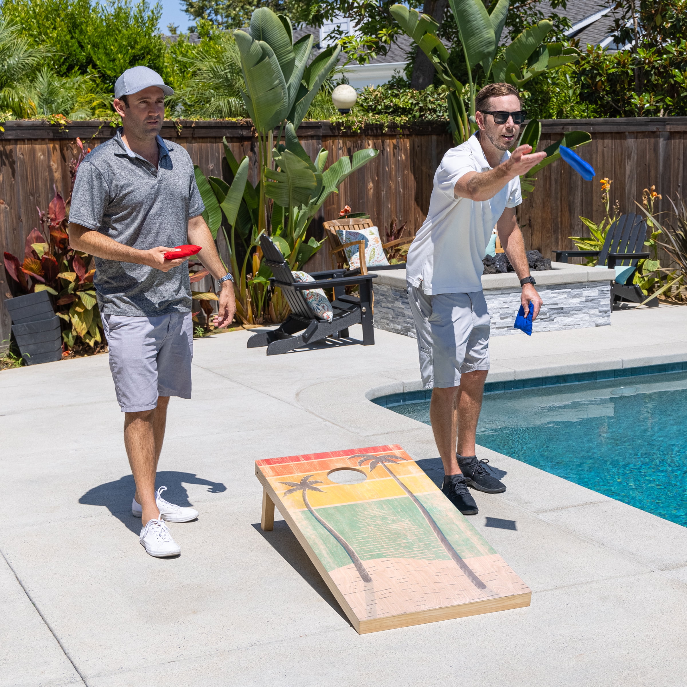 GoSports Regulation Size Premium Wooden Cornhole Set - Includes Two 4' x 2' Boards, 8 Bean Bags, Carrying Case and Game Rules - Retro Beach