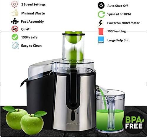 OVENTE Electric Cold Press Juicer Extractor Machine for Citrus Fruit or Vegetable, 3 Inch Feed Chute Stainless Steel Cutting Disc, 700 Watt Easy Clean Squeezer for Fresh Orange Juice, Silver JE7607BR