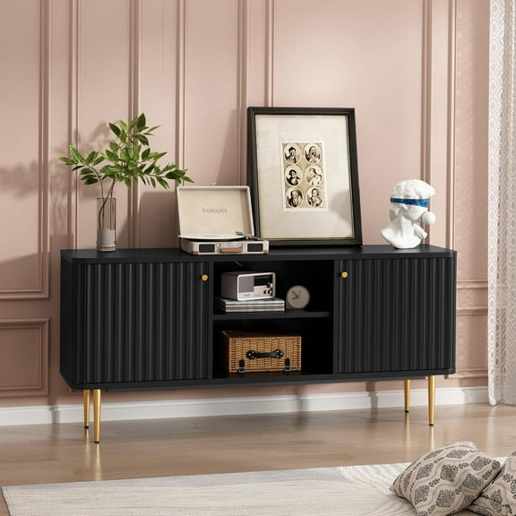 ARTPOWER 55” Fluted TV Stand, Mid Century Modern TV Stand for 55/60/65 inch TV, Entertainment Center with Storage, Television Stands, TV Console, Media Console for Living Room, Bedroom (Black)