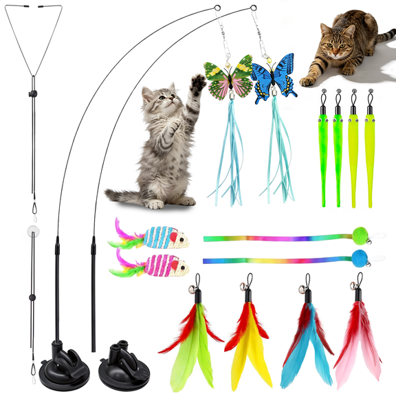 4 in 1 Cat Toys for Indoor Cats, 14Pcs Cat Interactive Toys, Hanging Door Kitten Wand with Suction Cup Removable Feathers Balls Mice Butterfly Streamers