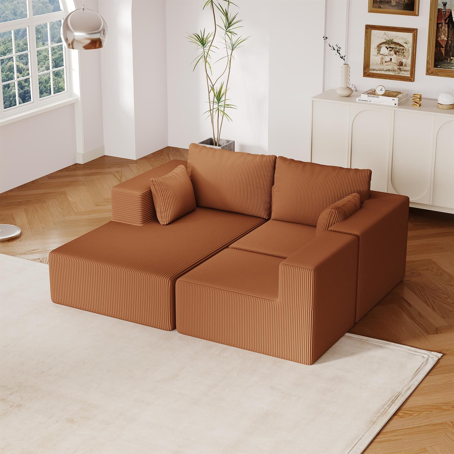 Demi Bonn 108" L-Shaped Modular Foam Sofa with Chaise Lounge, Cloud-Like Comfort Couch, Corduroy Sectional for Living Room, Brown