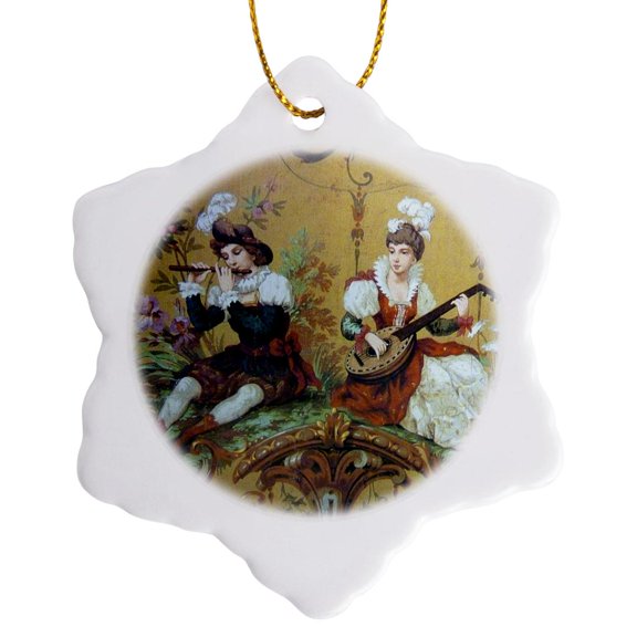 3drose, Renaissance Couple Play Music, 3 inch Snowflake Porcelain Ornament