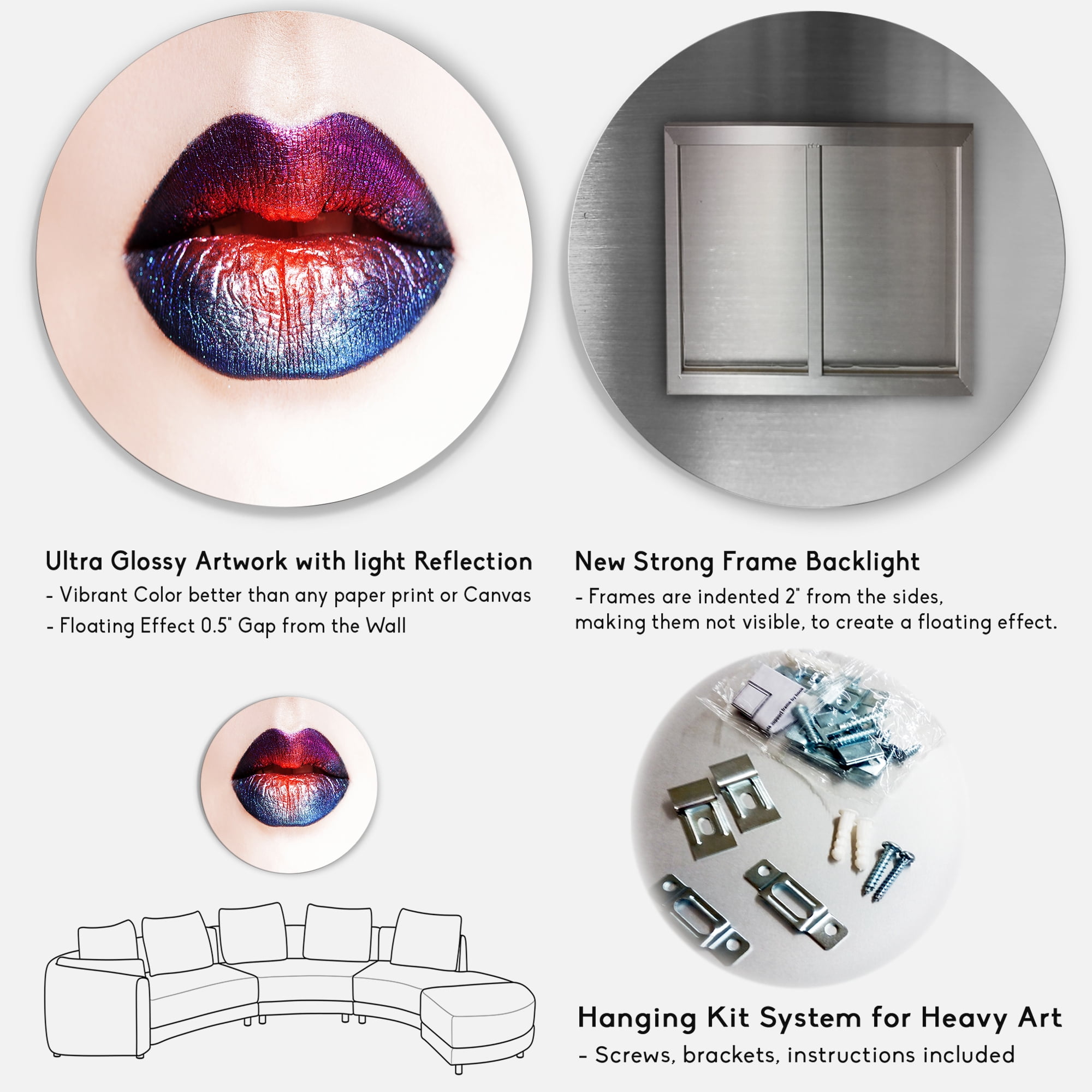Designart 'Female Lips With Bright Multicolored Lipstick' Modern Circle Metal Wall Art 29x29 - Disc of 29