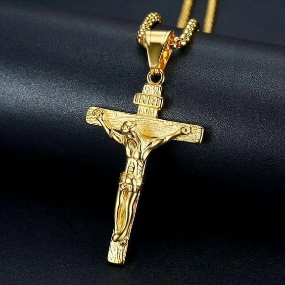 INRI Crucifix Jesus Cross Pendant Necklaces For Men 14K Yellow Gold Chains Men's Religious Christian Jewelry Gift