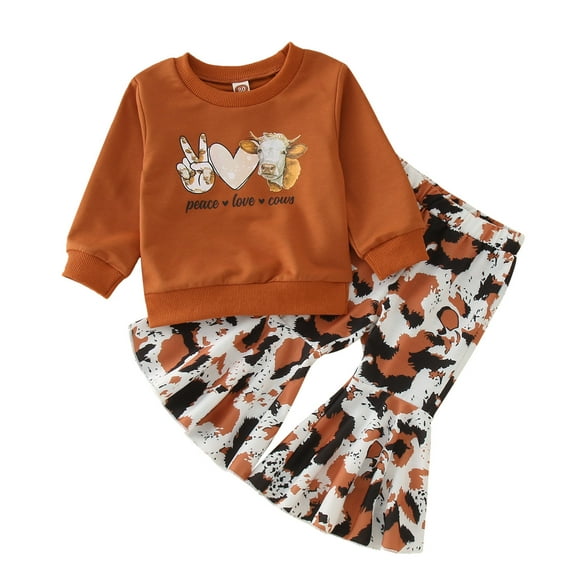 Sunnyoo Girls Long Sleeve Letter Cow Prints Sweatshirt Pants 2Pcs Outfits Clothes Set
