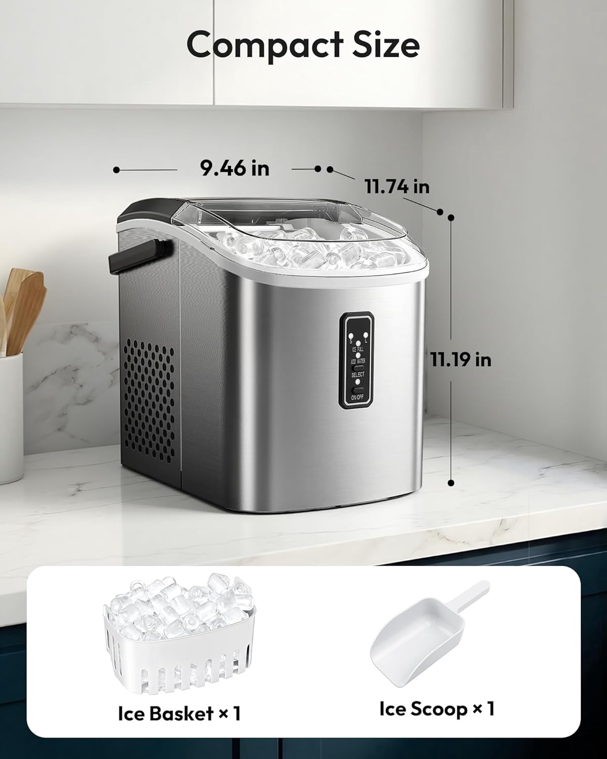 Portable Ice Maker Countertop with Self-Cleaning, 9 Cubes in 6 Mins, 26lbs/24H Capacity, Includes Basket and Scoop for Home and Office