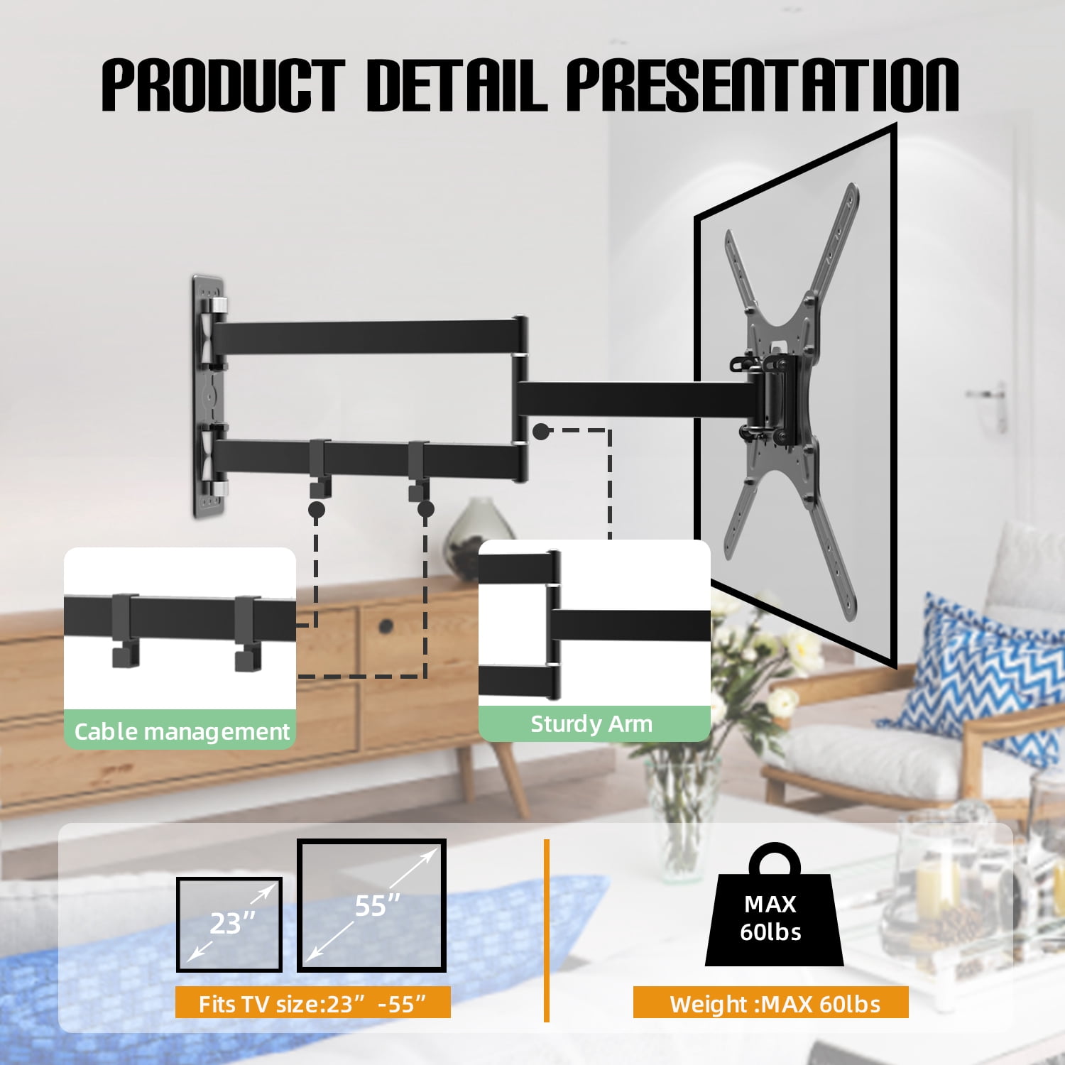 Mount Plus MP-L28-400 Long Arm Full Motion TV Wall Bracket with 28 inch Extension Articulating Arm | Fits Screen Sizes 23 to 55 Inch | VESA 400x400mm Compatible (28" Extension 23" to 55" TV)