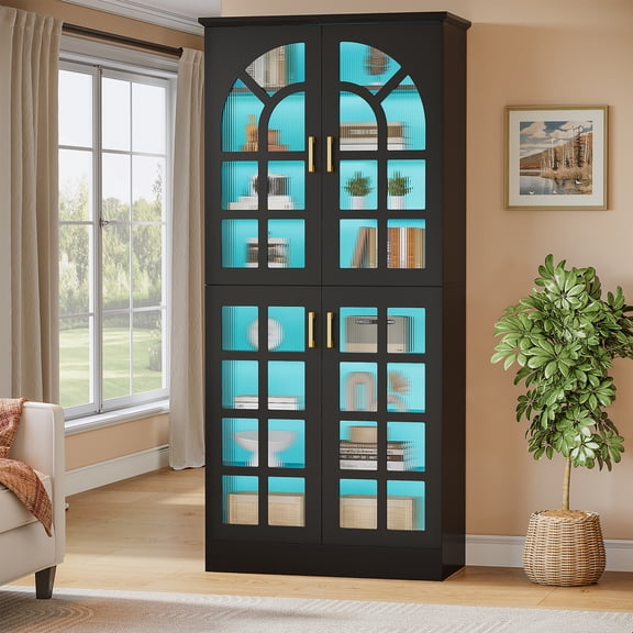 Tribesigns Storage Cabinet with 4 Doors and LED Lights, 76" Tall Pantry Cabinet with Adjustable Shelves, for Living Room, Kitchen, Black