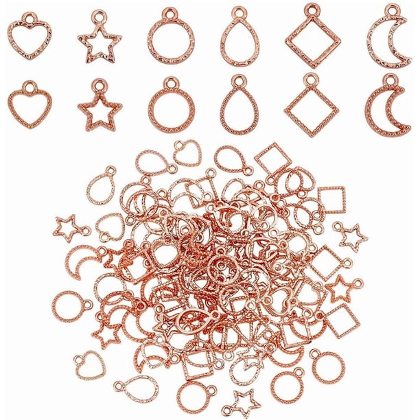 120 piezas de dijes con bisel abierto, 12 estilos de dijes con marco hueco, colgantes con forma de luna, estrella, lágrima, corazón redondo, rombo y marco abierto.