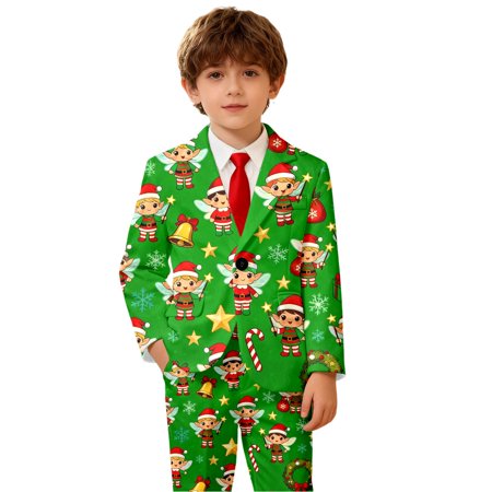 Little Boys Fall Suits Jacket Button Down Christmas Graphic Print Jacket Kids Party Outfit Formal Wear Casual Outerwear Size 5-6T