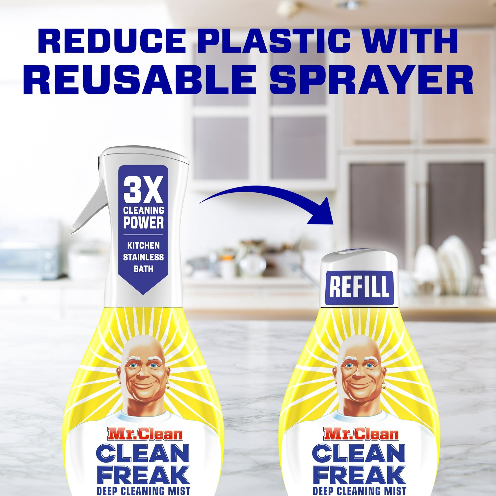 Mr. Clean Clean Freak Multi-Surface Spray, 1 Starter Kit, 1 Refill, Lemon Zest, 32 fl oz (4 Packs)