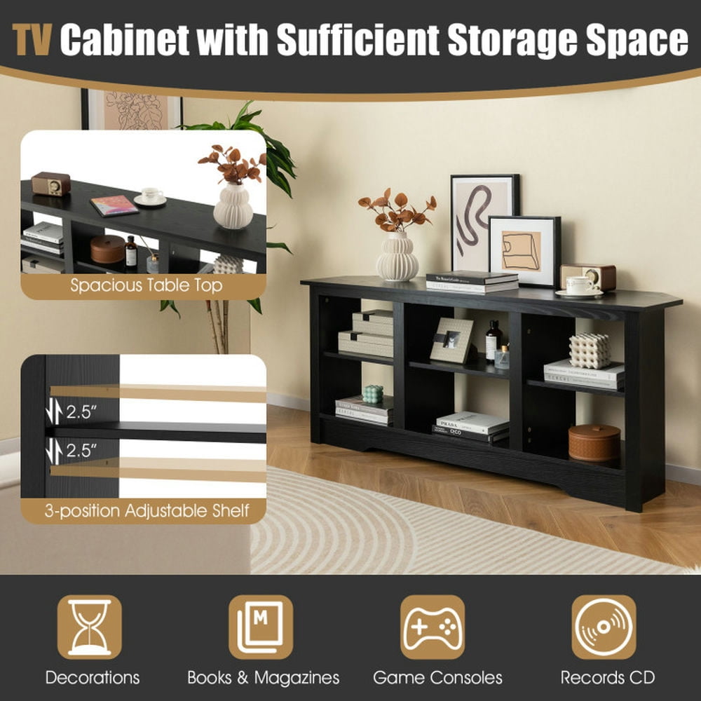 Finihen TV Stand, Entertainment Center, 58 Inch TV Stand with 6 Open Storage Shelves for TVs up to 65 Inches, for Living Room, Black