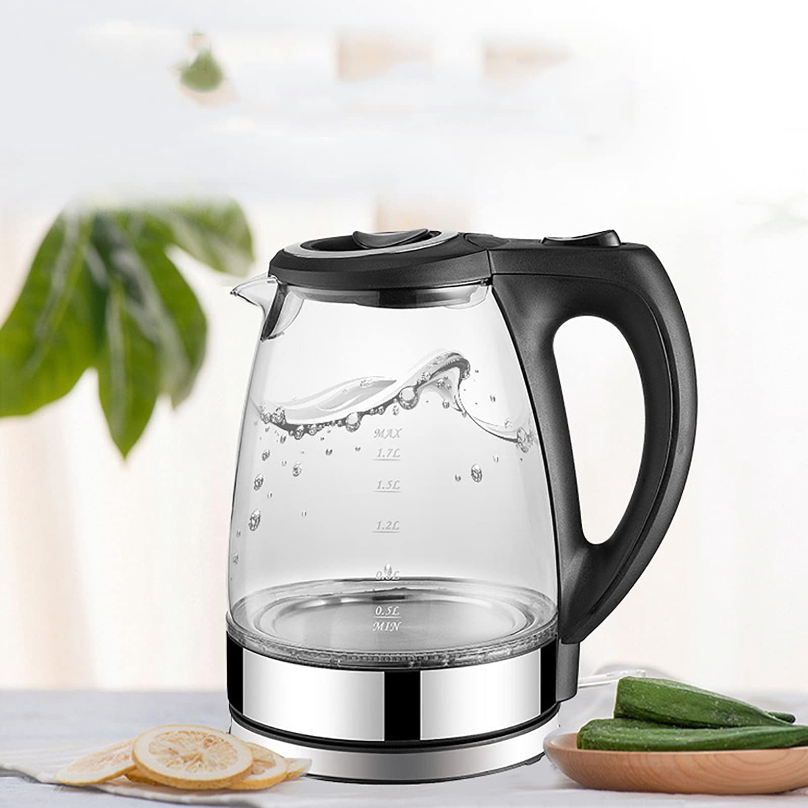 Yilush Electric Kettle, No Plastic Contact With Water, Wide Mouth For Easy Cleaning, Auto Shut Off, 1.7L Tea Kettle & Hot Water Boiler, Water Heater & Teapot, Borosilicate Glass, Black, 1500W