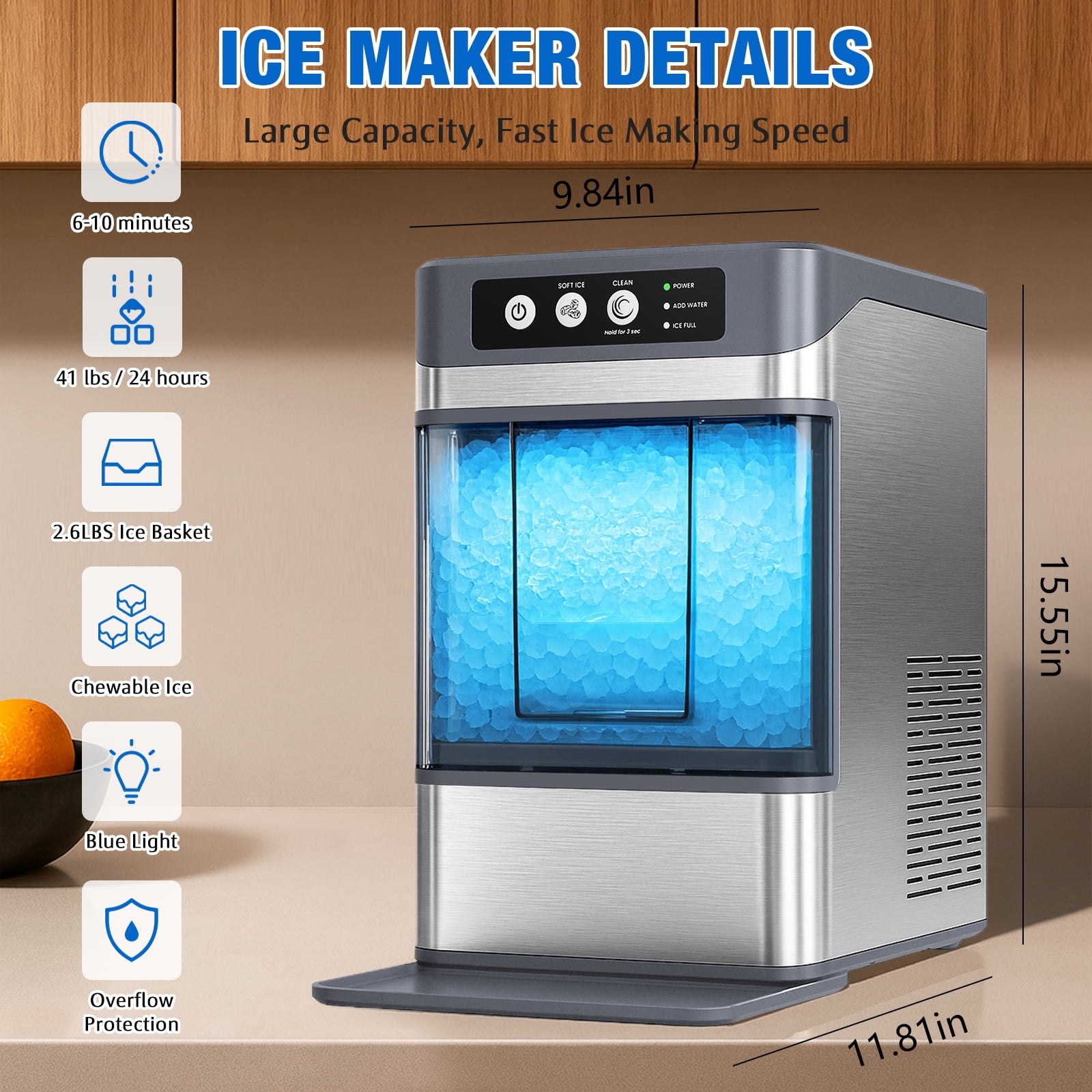 Advwin Nugget Ice Maker Countertop ,41lbs per Day Portable Chewable Ice Machine Ready in 6 Minutes with Self Cleaning