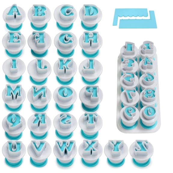 36 Pieces Alphabet & Numbers Fondant Cake Mold, Cookie Stamp Impress, Embosser Cutter, Upper Case Numbers Shape DIY Cookie Biscuit with 2 Cake Scraper