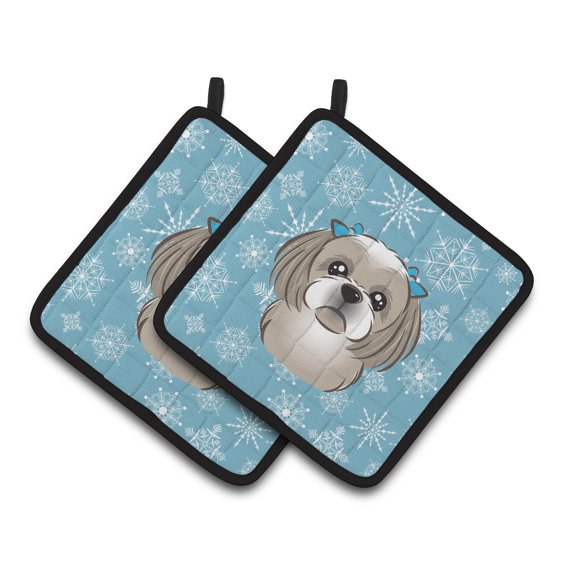 Snowflake Gray Silver Shih Tzu Pair of Pot Holders
