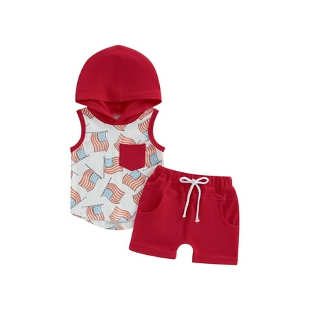 

4th of July Toddler Baby Boy Clothes Flag Print Sleeveless Hoodie Tank Top Shorts Set Independence Day Summer Outfit