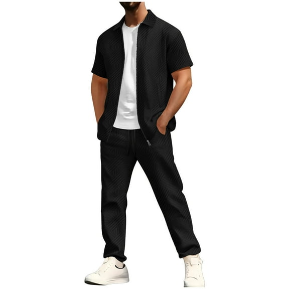 Xzbqbs Mens 2 Piece Set Casual Zip Up Shirt Short Sleeve Polo Shirts and Elastic Waist Drawstring Pants Fashion Vacation Sets for Men